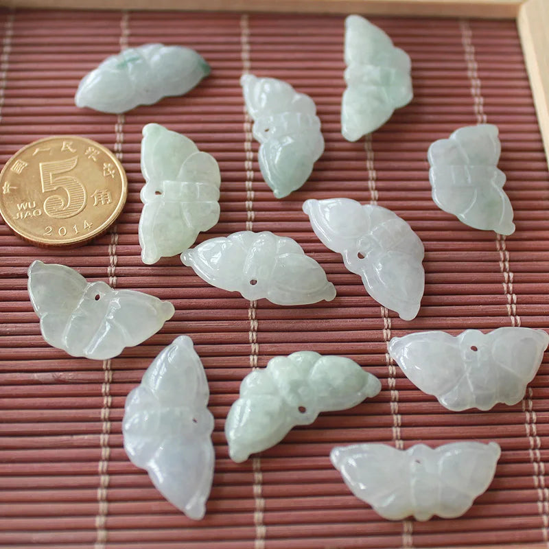 Hand-Carved Natural Jade Emerald Butterfly Beads Pendant DIY Bangle Charm