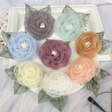5PCS 5.5CM Organza Chiffon Fabric Artificial Flower With Leaves