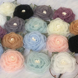 5PCS 5.5CM Organza Chiffon Fabric Artificial Flower With Leaves