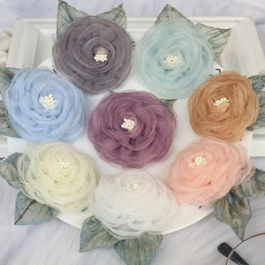 5PCS 5.5CM Organza Chiffon Fabric Artificial Flower With Leaves