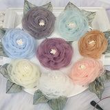 5PCS 5.5CM Organza Chiffon Fabric Artificial Flower With Leaves