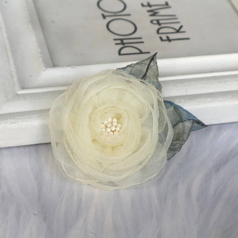 5PCS 5.5CM Organza Chiffon Fabric Artificial Flower With Leaves