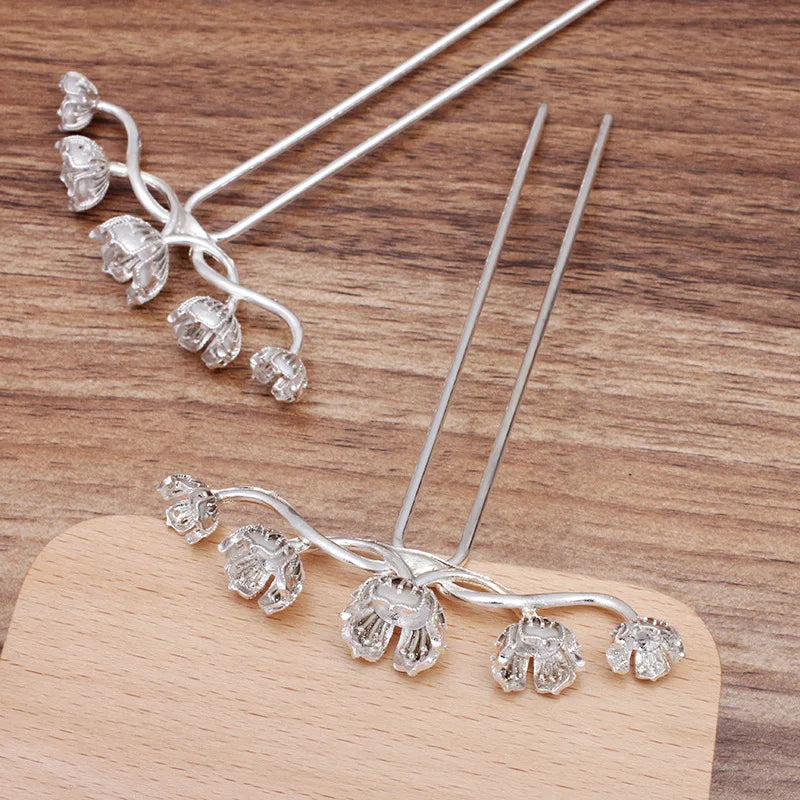 5PCS Metal Alloy Flowers Hair Sticks Base Gold/Silver Hairpin Settings DIY
