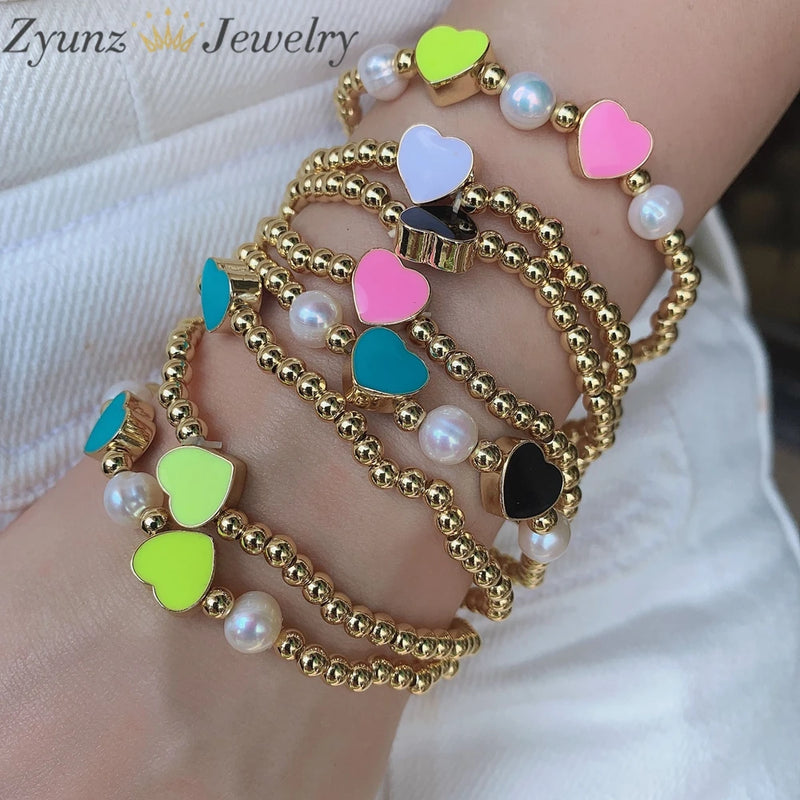 5PCS Beaded Bracelet with Colorful Heart Charm Stack of Bracelets