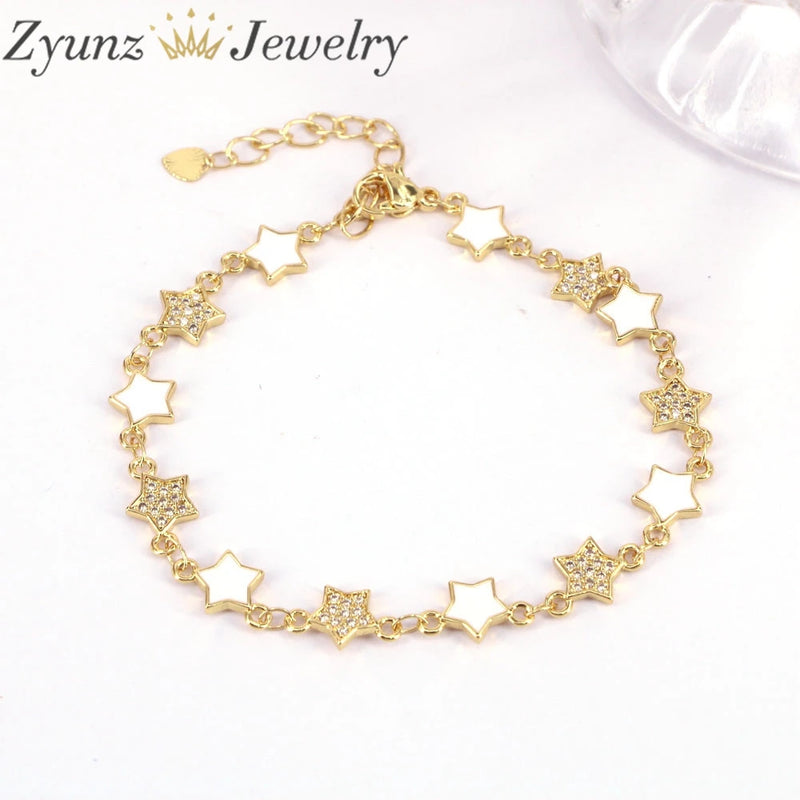 5PCS Enamel Star Bracelets with CZ Zirconia Chain - Wedding Party Jewelry