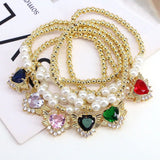 Boho Retro CZ Zircon Heart Angel Wings Bracelet Pearl