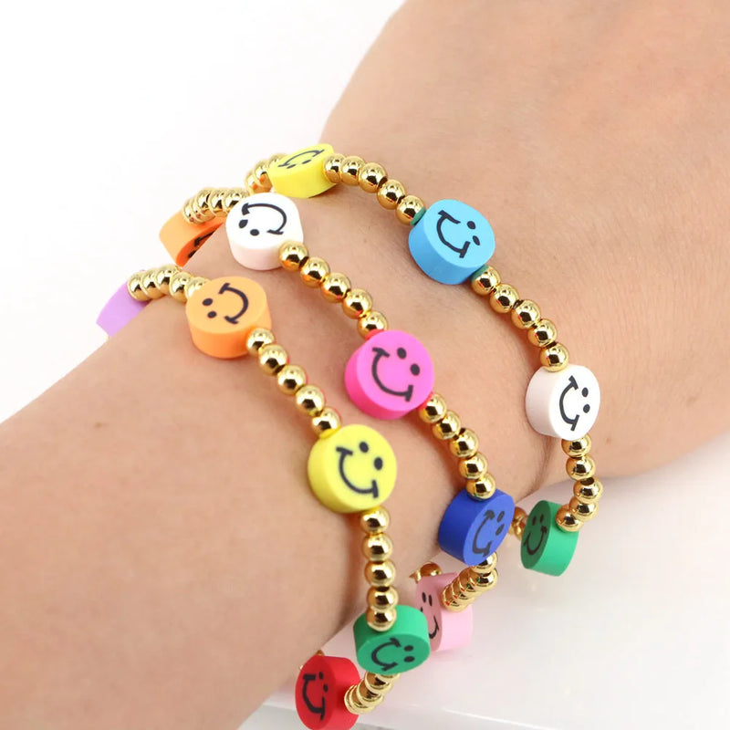 Boho Smiley Face Charm Bracelets Colorful Beaded Pearl Bracelet Gift