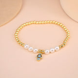 Adjustable Evil Eye Charm Bracelet, CZ Eye Beaded Shell Pearl Bracelet