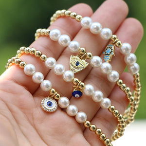 Adjustable Evil Eye Charm Bracelet, CZ Eye Beaded Shell Pearl Bracelet