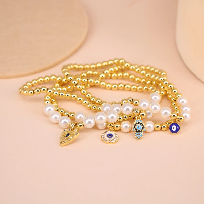 Adjustable Evil Eye Charm Bracelet, CZ Eye Beaded Shell Pearl Bracelet