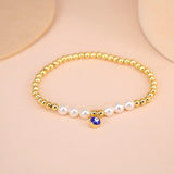Adjustable Evil Eye Charm Bracelet, CZ Eye Beaded Shell Pearl Bracelet