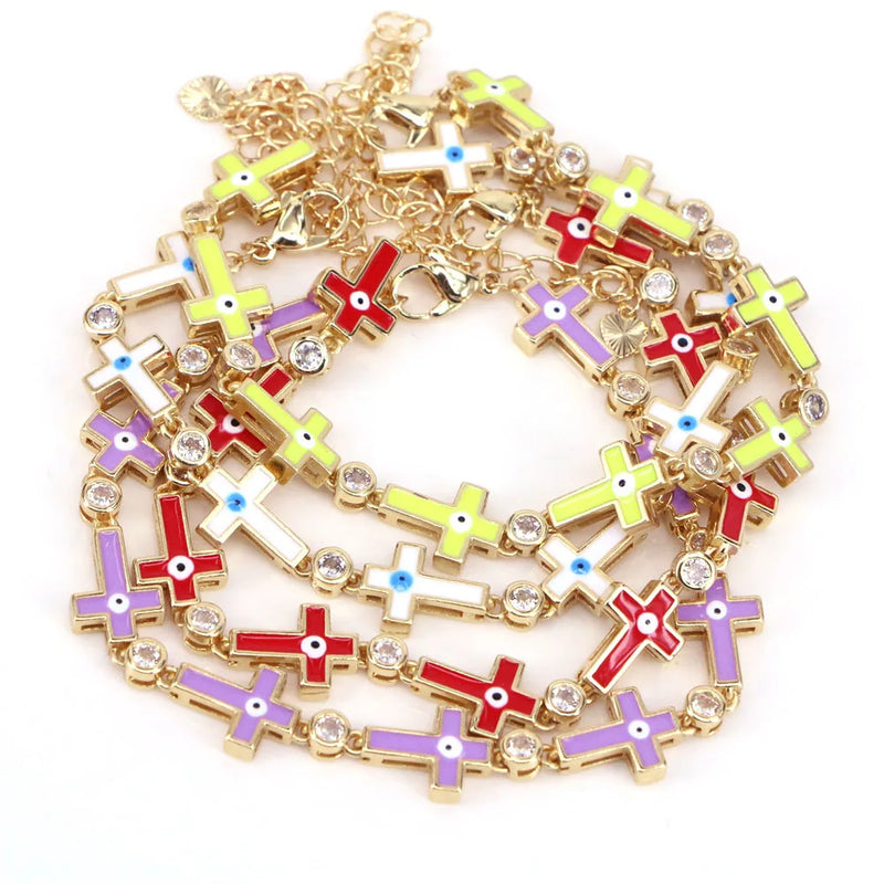 Colorful Enamel Cross Evil Eye Bracelet