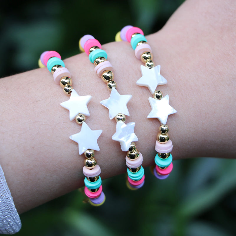 Colorful Polymer Clay Bead Bracelet with Star Shell Charm Chain Bracelets