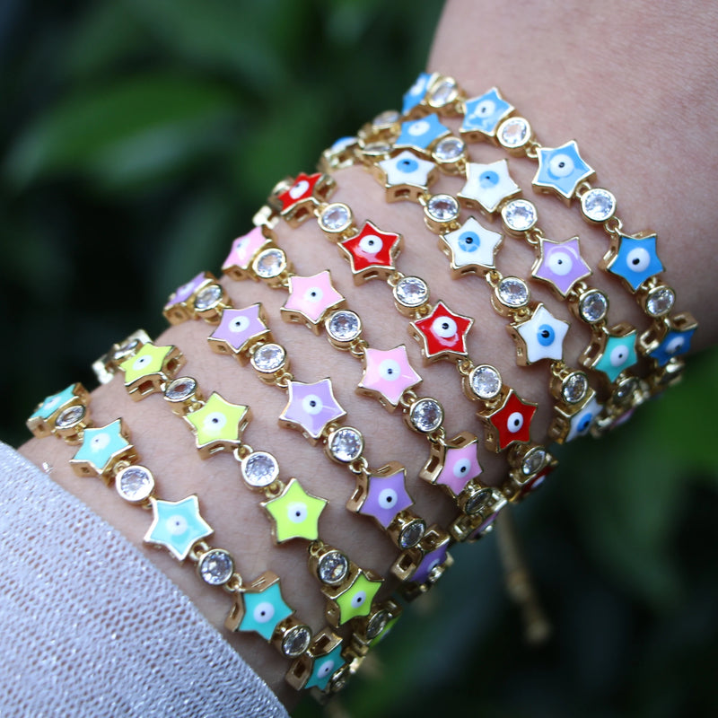 5PCS Copper Zircon Star Tennis Bracelets Enamel Eye Slide Bracelets