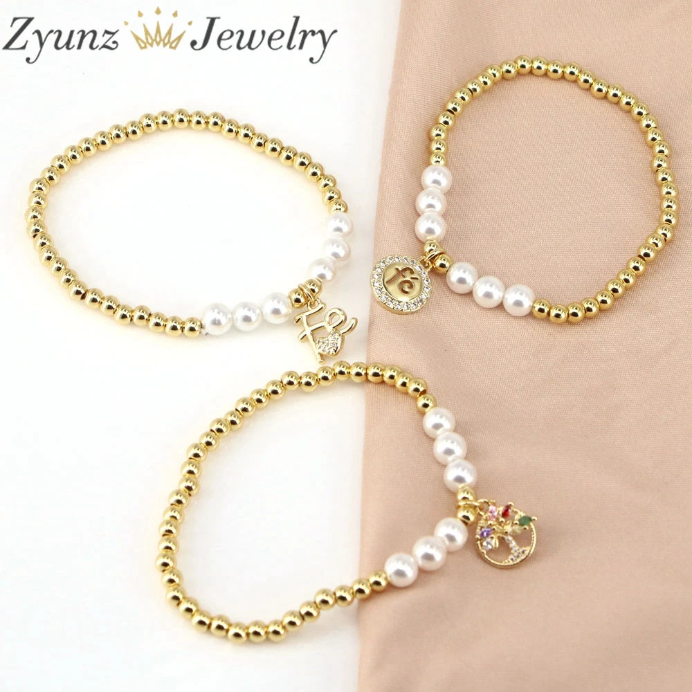 5PCS Freshwater Pearl CZ Beaded Bracelet Vintage