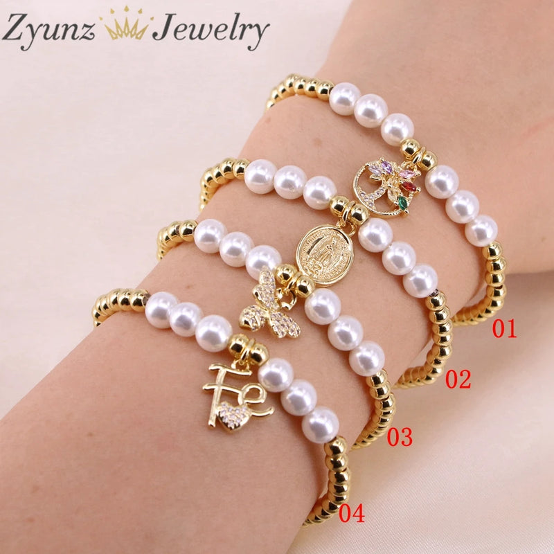 5PCS Freshwater Pearl CZ Beaded Bracelet Vintage
