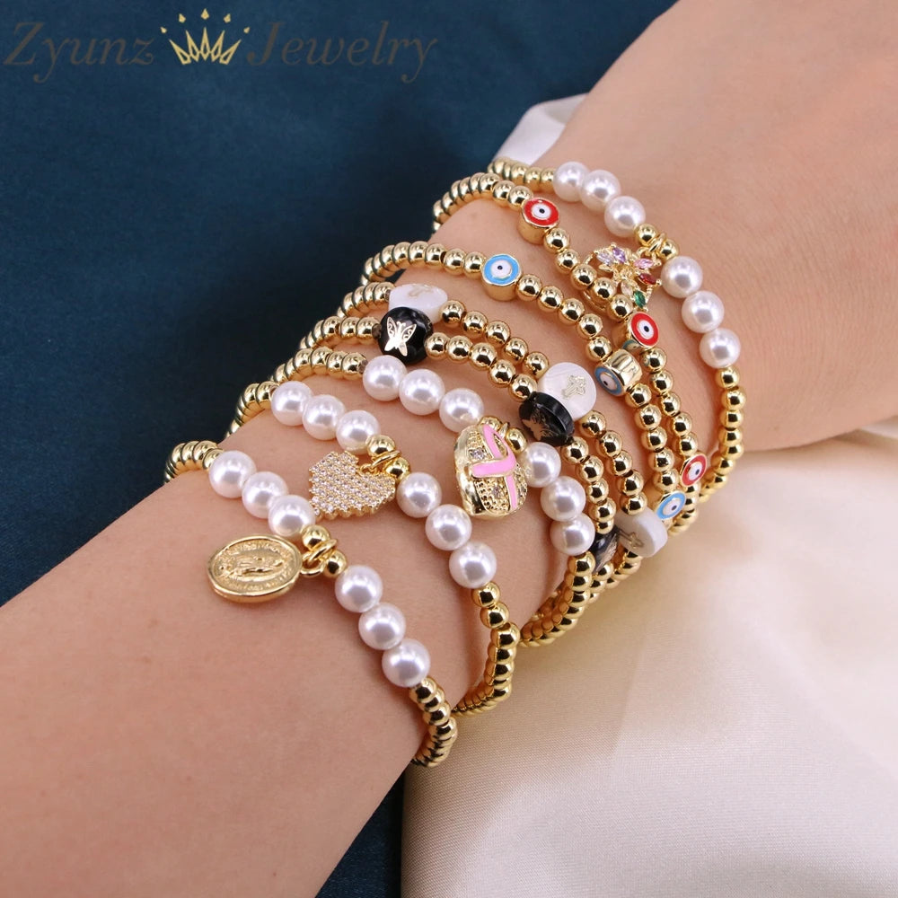 5PCS Freshwater Pearl CZ Beaded Bracelet Vintage