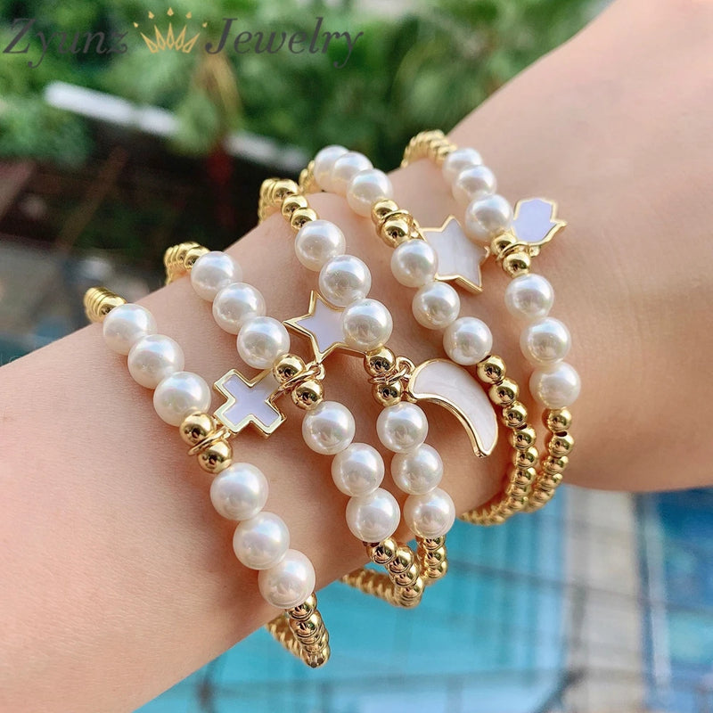 5PCS Beads Pearl Star Cross Multilayer Charm Bracelets Set for Women