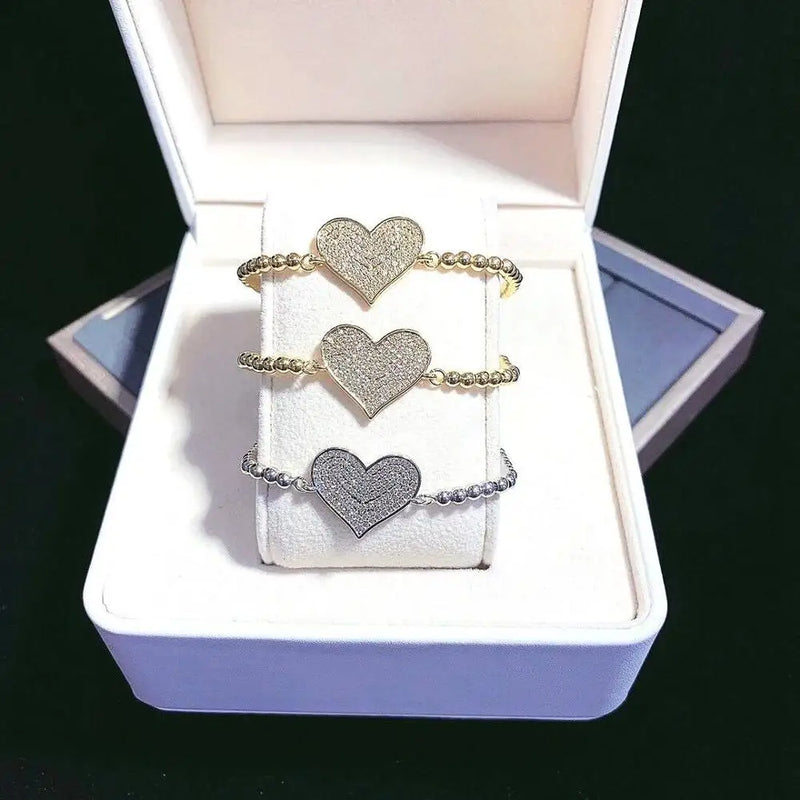Adjustable Silver CZ Heart Charm Beaded Bracelet