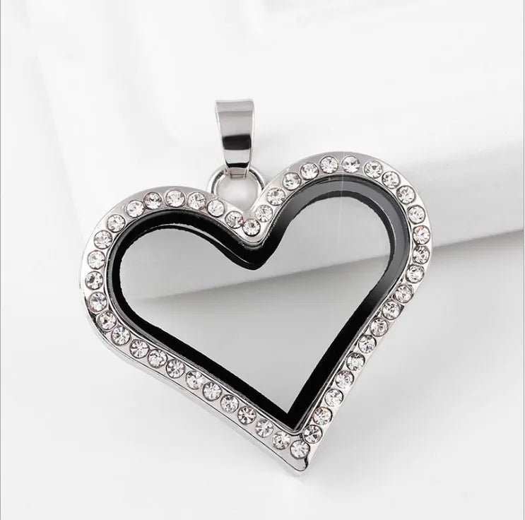 5PCS Heart Rhinestone Locket Glass Memory Floating Charms DIY Necklace Pendant