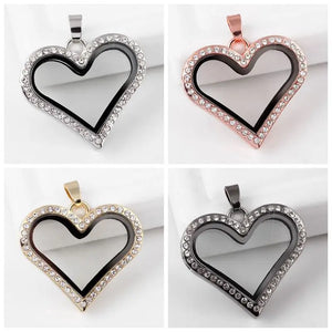 5PCS Heart Rhinestone Locket Glass Memory Floating Charms DIY Necklace Pendant