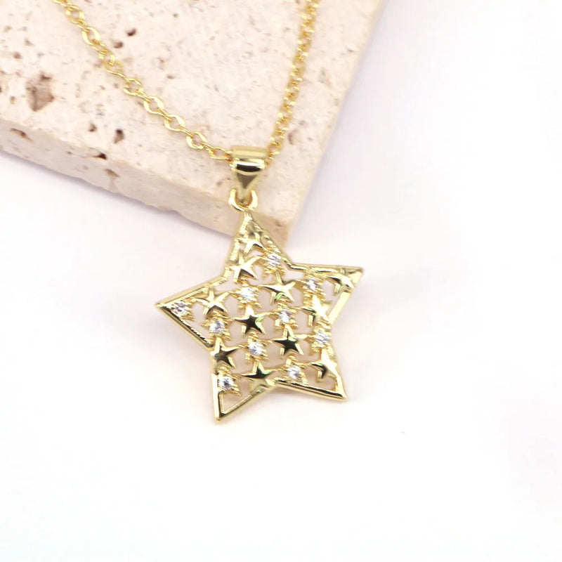 5PCS CZ Pave Star Moon Pendant Chain Necklace