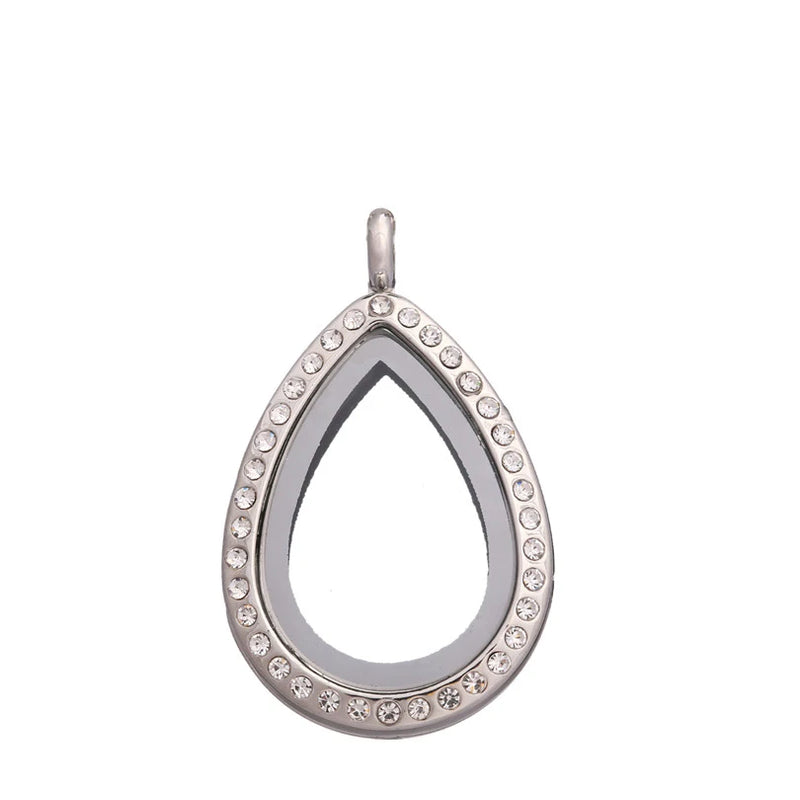 5PCS Metal Waterdrop Rhinestone Glass Memory Locket Necklace For Women