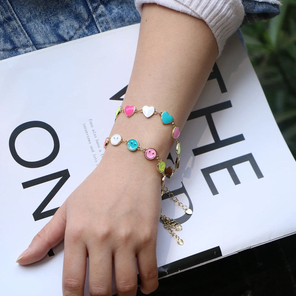 5PCS Enamel Smiley & Heart Bracelet Women Charm Jewelry Gift