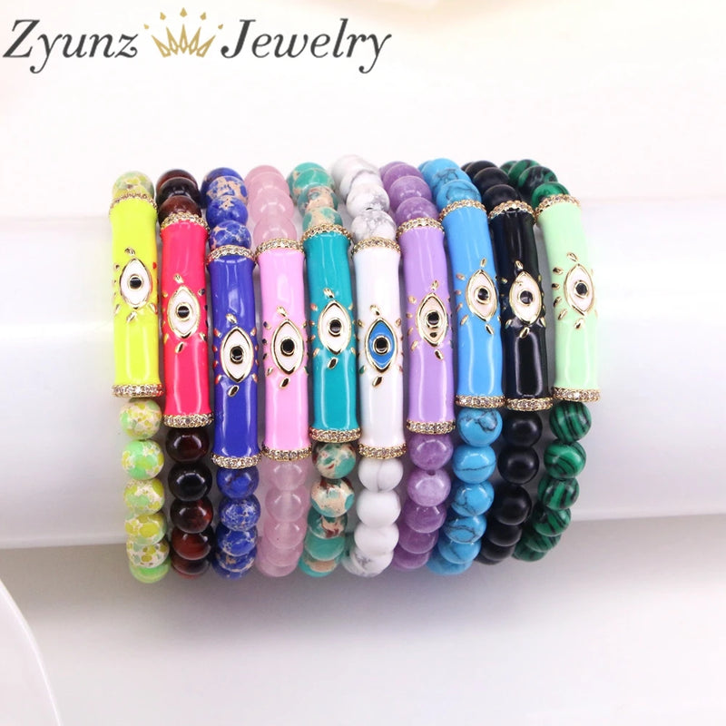 5PCS Natural Stone Bead Bracelet w/ Enamel Eye Charm