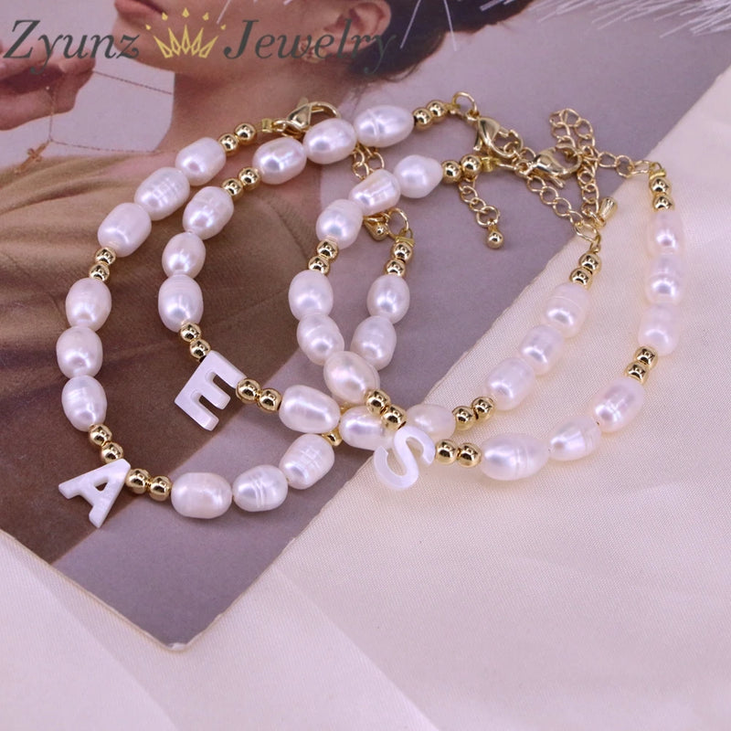 5PCS Freshwater Pearl Bracelets Initial Shell Charms Women Girl Jewelry