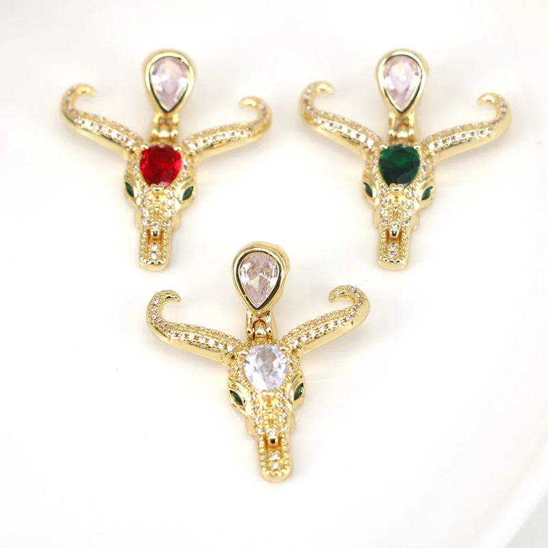 5PCS Ox Head Pendant Copper Zircon Charms for Women Hip-hop Party Jewelry