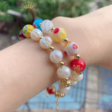 5PCS Round Flower Lampwork Glass Beads Bracelets with Pearl Charms