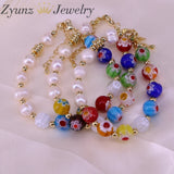 5PCS Round Flower Lampwork Glass Beads Bracelets with Pearl Charms