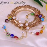 5PCS Round Flower Lampwork Glass Beads Bracelets with Pearl Charms