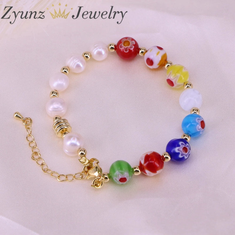 5PCS Round Flower Lampwork Glass Beads Bracelets with Pearl Charms