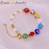 5PCS Round Flower Lampwork Glass Beads Bracelets with Pearl Charms