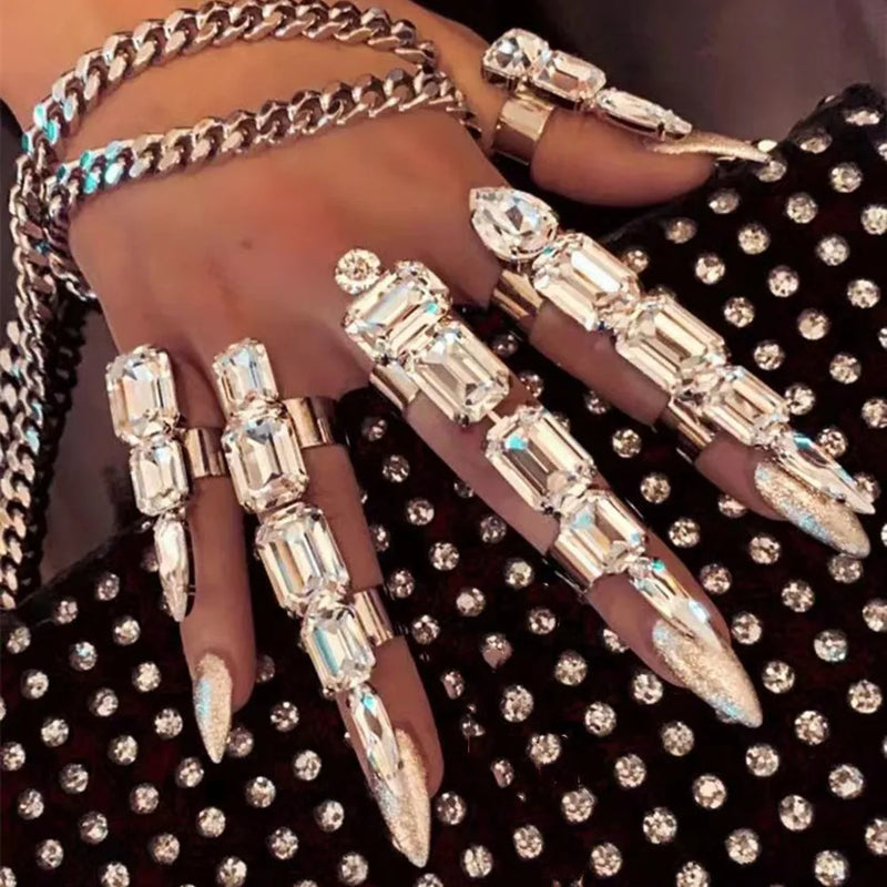 Geometric Square Rhinestone Cuff Rings Set Crystal Round Adjustable Finger Jewel