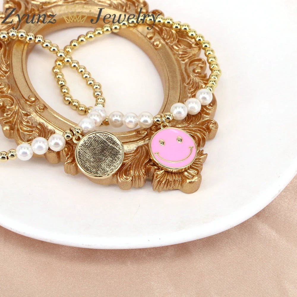 Smiling Face Enamel Charms Bracelet, Vintage Pearl Beads Jewelry