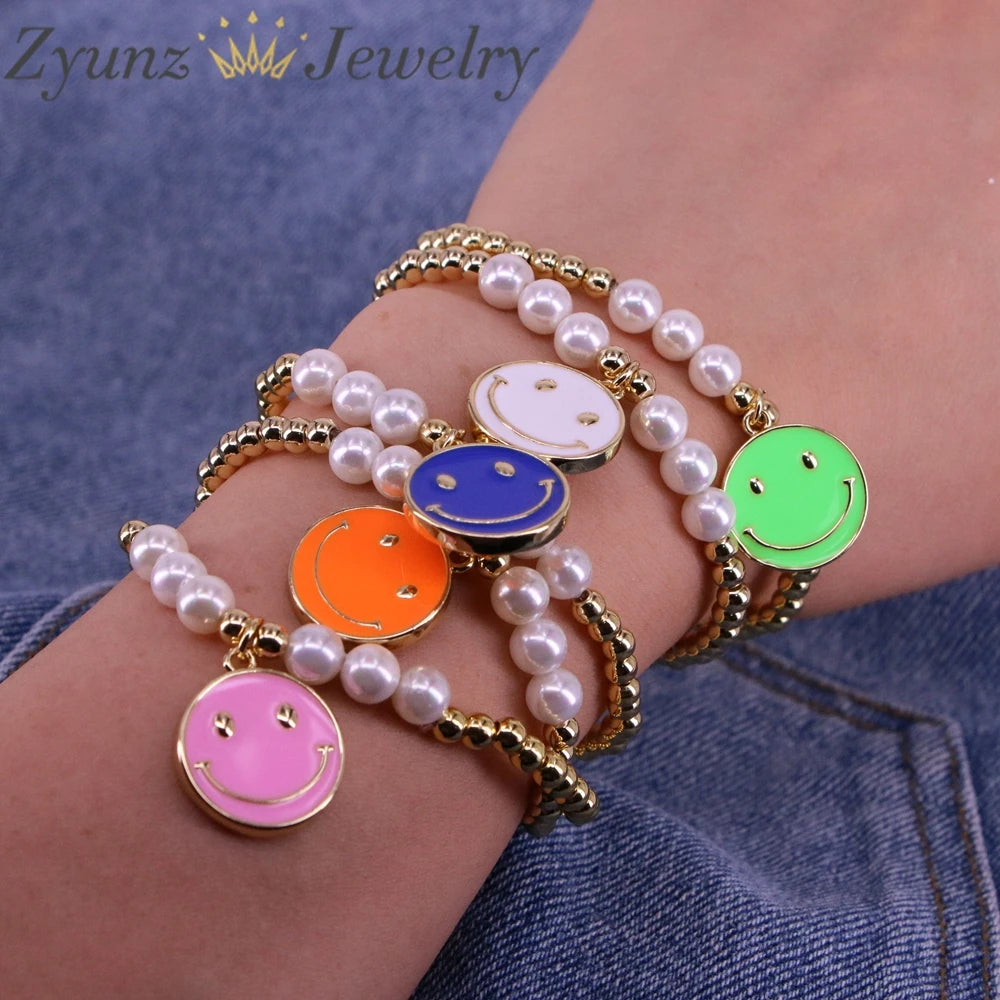 Smiling Face Enamel Charms Bracelet, Vintage Pearl Beads Jewelry