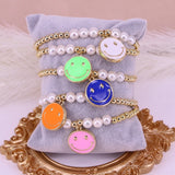 Smiling Face Enamel Charms Bracelet, Vintage Pearl Beads Jewelry