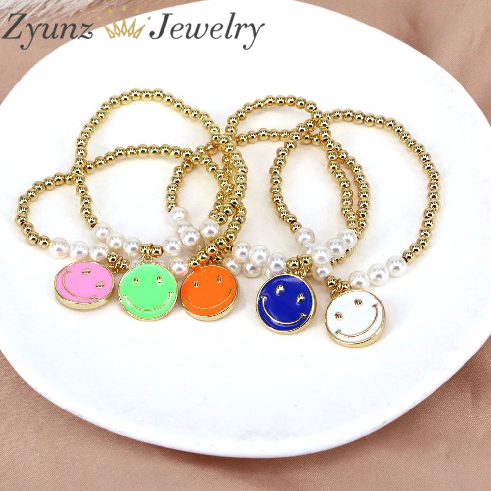 Smiling Face Enamel Charms Bracelet, Vintage Pearl Beads Jewelry