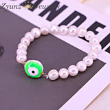Vintage Enamel Eye Bracelet Nature Pearl Beaded Stackable Protection Jewelry