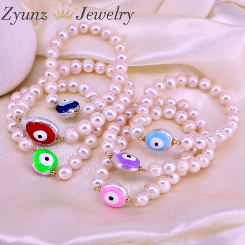 Vintage Enamel Eye Bracelet Nature Pearl Beaded Stackable Protection Jewelry
