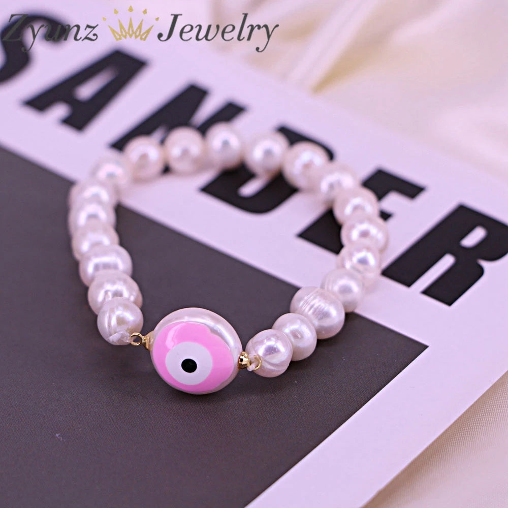 Vintage Enamel Eye Bracelet Nature Pearl Beaded Stackable Protection Jewelry