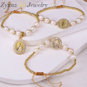 5PCS Virgin Mary Charm Bracelet Natural Freshwater Pearl Bracelet