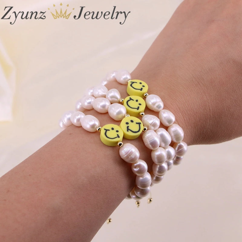 Yellow Smiley Face Pearl Bracelet Happy Face Charm Macrame Pearl Bracelet