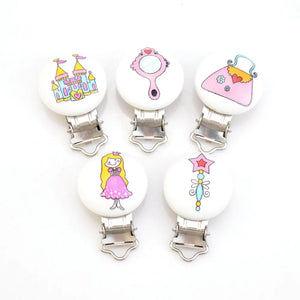 Wood Baby Pacifier Clips Cartoon Castle Princess Dress Metal Holders