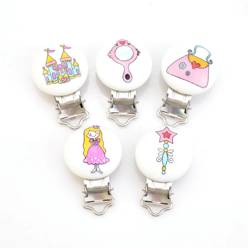 Wood Baby Pacifier Clips Cartoon Castle Princess Dress Metal Holders