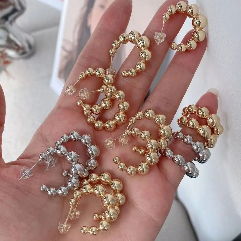 5Pairs Brass Round Ball Beads Hoop Earrings for Women