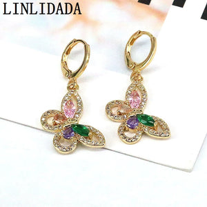 Gold Zircon Butterfly Earrings, Micro Pave Rainbow CZ Dainty Jewelry